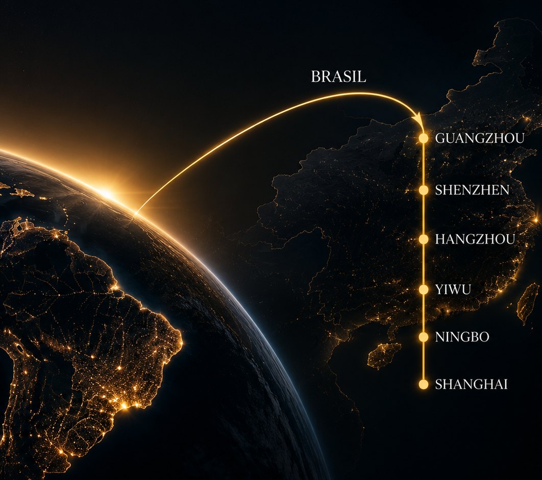 Rota do Brasil à China cruzando o globo até seis cidades: Guangzhou, Shenzhen, Hangzhou, Yiwu, Ningbo e Shanghai.